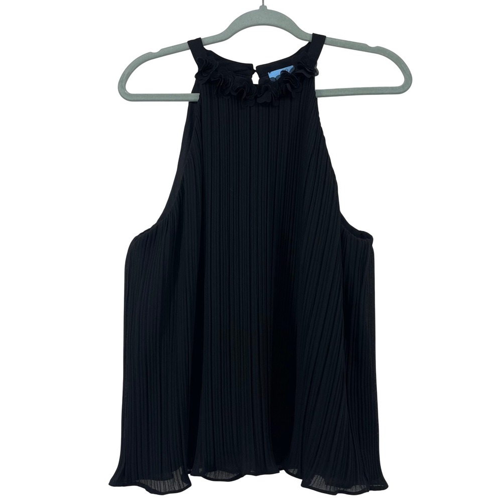 CeCe Women Size Medium Black Pleated 3D‎ Floral Rosette Sleeveless Blouse - Picture 2 of 8